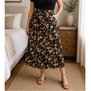 Cottagecore Black Floral Button Front Midi Skirt Outdoorsy XL